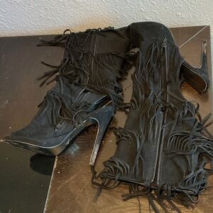 Qupid Black Fringe Heeled Boots